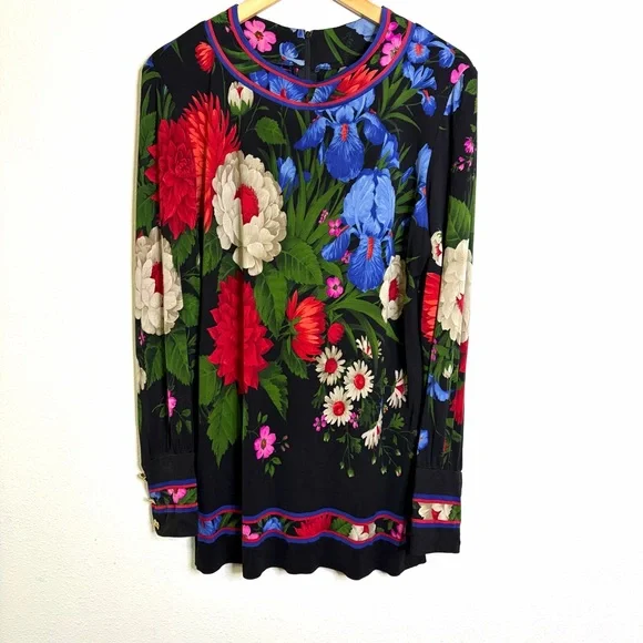 Vintage 80s 90s Leonard 100% silk jersey mikado Floral Women's Tunic Top sz L - Picture 2 of 12